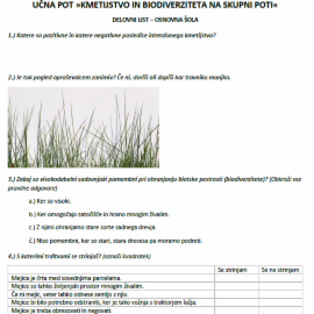 Učni listi za osnovne in srednje šole za učno pot o biodiverziteti in kmetijstvu